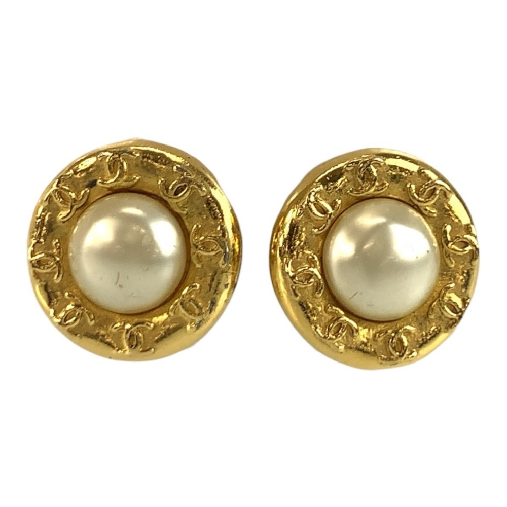 CHANEL Vintage Coco Mark Gold Plated Faux Pearl Earrings for Women